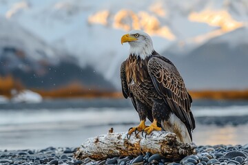 Fototapeta premium A regal bald eagle sits on a log amidst a snowy landscape with mountains in the background evoking majesty and freedom