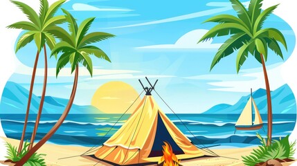 Obraz premium Sunny Beach with Tent and Palm Trees