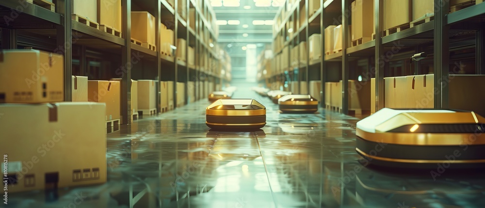 Poster an automated automated retail warehouse agv robot transports cardboard boxes in a distribution logis