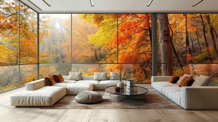 An interior design featuring a spacious living room with a large autumn-themed forest wall mural, bringing a sense of nature and tranquility to the modern space