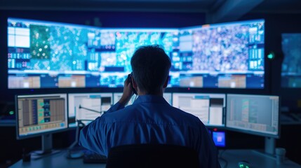 A man, wearing a hat and headphones, sits in front of a multimedia display device in a control room with an electric blue ambiance. AIG41