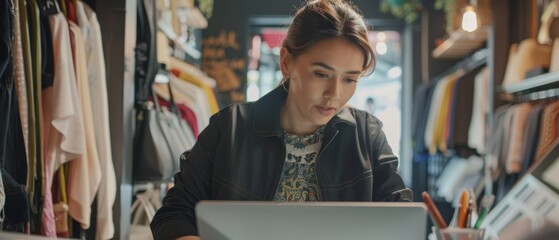 Fototapeta premium A fashion store owner uses her laptop computer, talks to the visual merchandiser, and collaborates to create a fashionable collection. A business owner's fashion store: the sales manager talks with