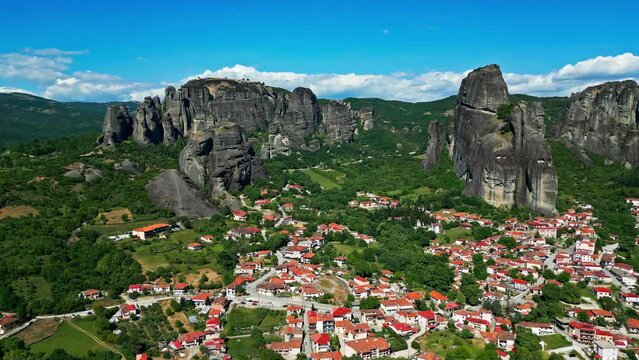 Aerial View Of Kastraki Village With Meteora Rocks In Trikala, Thessaly, Greece. - aerial shot