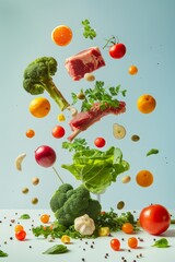 An image capturing a variety of healthy food items levitating against a soft blue backdrop