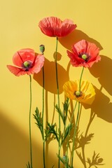 Bright red and yellow poppies with visible shadows against a yellow sunny background