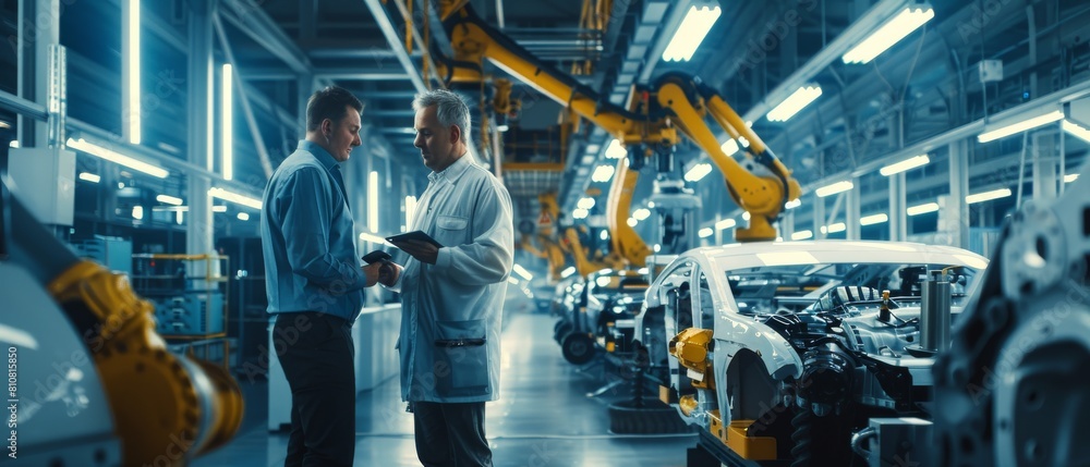 Poster in a car factory office, a manager makes use of a tablet computer to design a production conveyor fo