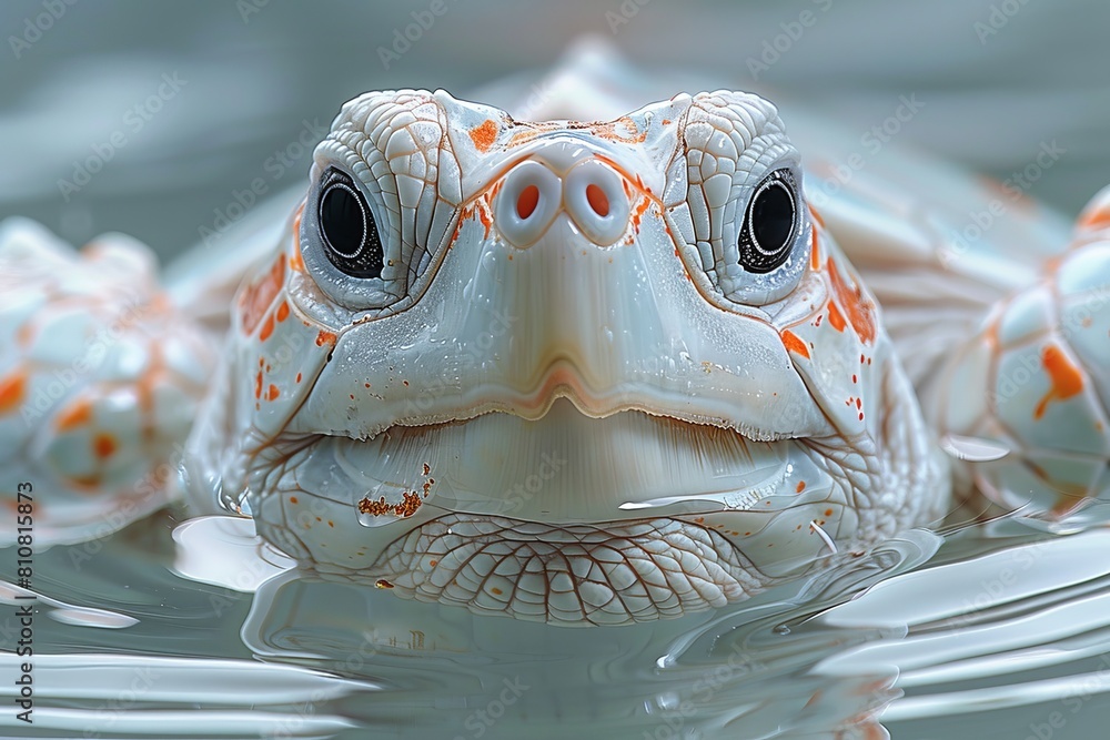 Poster a mesmerizing close-up shot of an albino turtle's face partially submerged in water, showcasing its 