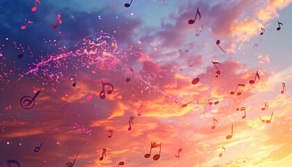 Treble clef and swirly staff with musical notes against sunset sky, banner design