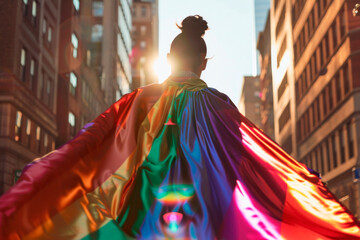 Rear View of a Person Wearing a Rainbow Cape