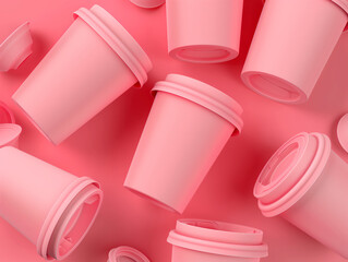 Scattered pink paper cups on a soft pink background. Environmental impact and disposable culture concept. Design for sustainability campaign, educational materials, and eco-friendly product promotion.