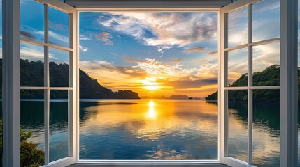 Window view to outside nature landscape sunset and water with blue sky and cloud 