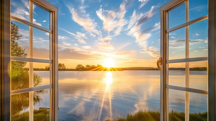 Window view to outside nature landscape sunset and water with blue sky and cloud  © Larysa