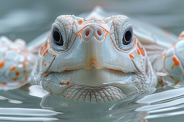 A mesmerizing close-up shot of an albino turtle's face partially submerged in water, showcasing its...