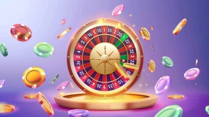 Realistic 3D modern illustration of Casino lucky roulette game of chance with money prizes. Online gambling or raffle entertainment, amusement, casino lottery game of chance with money prizes.