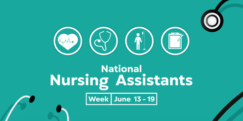 National Nursing Assistant Week. Heart, Stethoscope, patient and notes. Great for cards, banners, posters, social media and more. Light blue background.