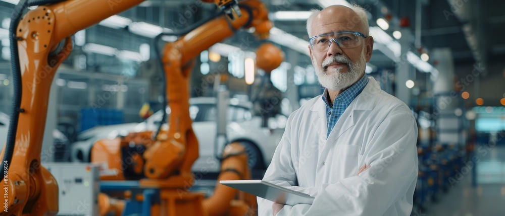 Poster using a tablet computer, a senior white male engineer is working on an automated robot arm assembly 