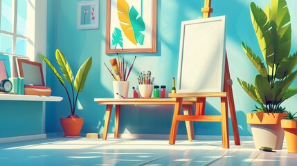 Animated cartoon banner with artist stuff on easel, paintbrushes on wooden desk, colored pencils on potted plant, for advertising painter classes and workshops.