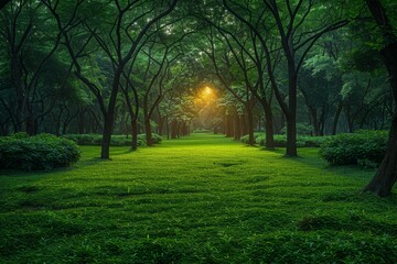 Obraz premium A magical forest pathway surrounded by lush greenery with sunlight softly piercing through the dense tree canopy