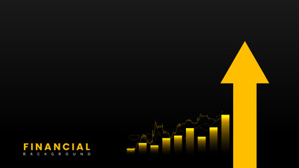 Rising financial concept with an upward arrow and candlesticks on a black background. Stock market growth illustration for financial business and trading visualization
