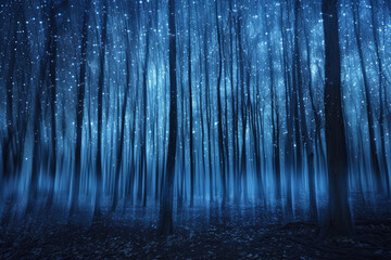 Enchanted blue forest with sparkling stars at night