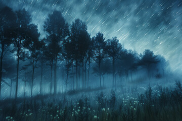 Starry night over misty forest landscape in ethereal tones
