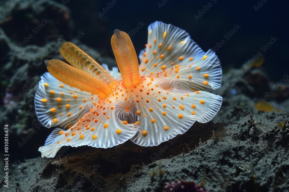 Poster a detailed image capturing a delicate nudibranch with dotted orange patterns gracefully moving over 