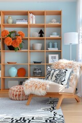 Trendy yet elegant living area with chic furniture, a stylish wooden bookcase, and beautiful orange flowers bringing life and color to the decor The setting epitomizes contemporary home design