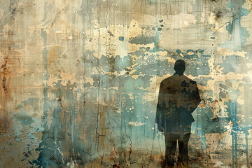 Silhouette of a man against a grungy blue and tan background