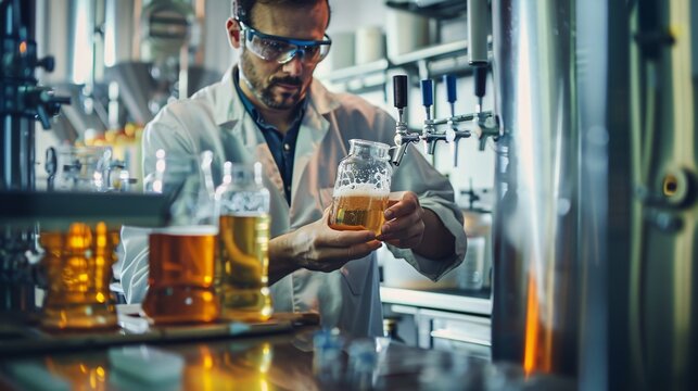 Front shot of a brewer taking a sample of beer for quality testing with lab equipment in the background
