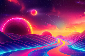 Retro Futuristic landscape from another planet with neon sunset, grid, mountains in 80s style. Generated by artificial intelligence