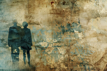 Silhouetted couple on grungy blue and tan map background