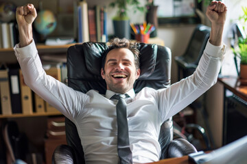 Happy businessman celebrating success in home office