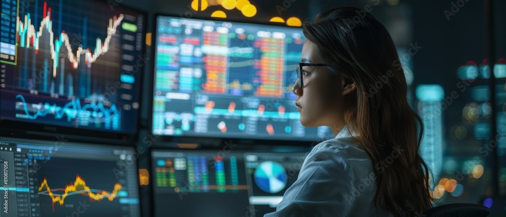 Poster an investment broker working in a night office on a computer with multiple monitors and a real-time 