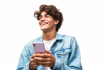 Happy young man using smartphone with joyful expression