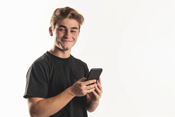 Happy young man using smartphone with a cheerful expression