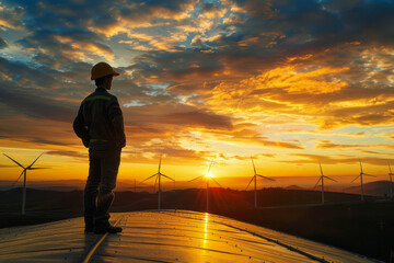Engineer admiring sunset at wind farm after successful day