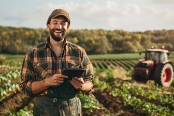 Happy farmer with a tablet smiling in a lush field