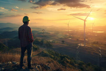 Engineer admiring sunset at a wind farm with power lines