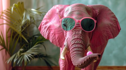 A whimsical 3D rendering of a pink elephant wearing sunglasses amidst indoor tropical plants