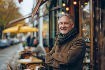 Smiling middle-aged man enjoying city life outside a cafe