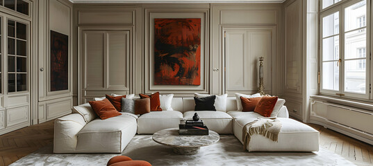 Elegant living room with modular sectional, marble coffee table, and curated wall art