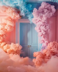 An ethereal doorway amidst whimsical pastel-colored clouds, exuding a serene and dreamlike quality,...