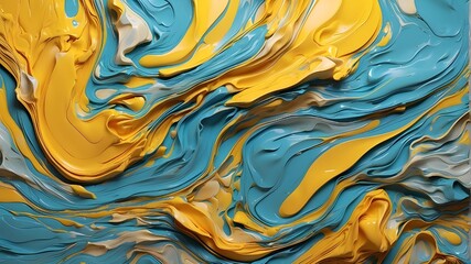 Fluid turquoise and yellow hues make up an abstract background. produced by AI.