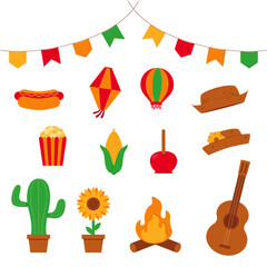 Elementos de festa junina (arraial de S&atilde;o Jo&atilde;o) - bal&atilde;o, pipoca, cachorro-quente, milho, ma&ccedil;&atilde; do amor, cacto, girassol, fogueira, viol&atilde;o e chap&eacute;u caipira. Ilustra&ccedil;&atilde;o vetorial.