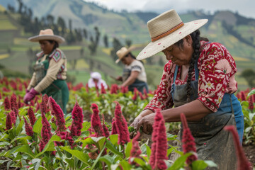 Hispanic farmers planting amaranthus in rural landscape