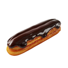 A delectable chocolate glazed eclair, featuring a glossy, rich topping on a perfectly baked choux pastry, isolated against a dark background.