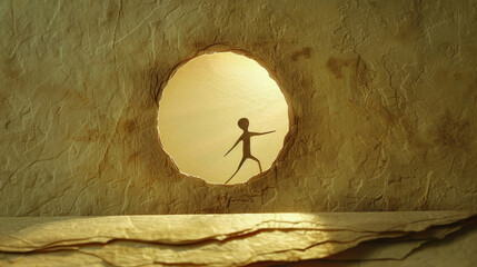 Silhouette of person running through circular hole in texture