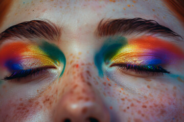 Closeup facesand eyes wearing eyeshadow makeup of lgbtq rainbow pride flag