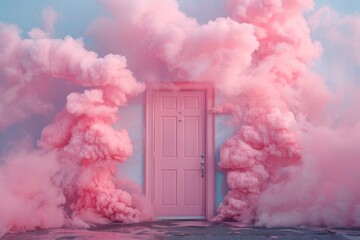 A surreal image of a closed door amidst fluffy pink clouds against a blue sky background, invoking a dreamlike atmosphere