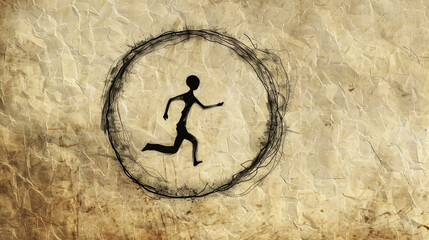 Abstract silhouette of a running figure encircled by grunge strokes